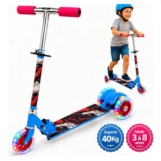 Patinete Infantil 3 Rodas Dobrável Com Rodas De Led, Guidão Ajustável, Freio Traseiro E Base De Alumínio Azul Tema Extreme Suporta 40Kg