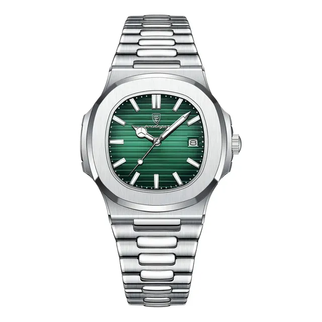 Relógio Poedagar 613 Aço Inoxidável Quartzo Fundo Verde 41mm Resistência Água Prateado