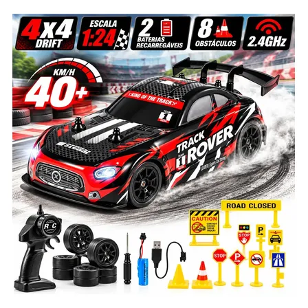 BrincaMundo Carrinho de Controle Remoto Drift 4x4 Escala 1:24 2.4GHz Recarregável Alta Velocidade Com 2 Baterias 4 Pneus Extras 8 Obstáculos Vermelho