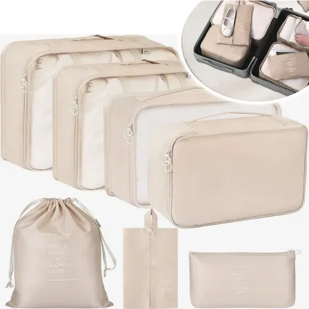 Organizador De Malas Bolsas De Viagem Kit Necessaire 7 Cor Bege Desenho Do Tecido Liso