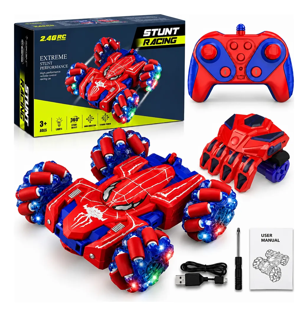 Carro Rc Stunt 13 Funções 25km/h C/ Luzes, Dupla Face, 600ma Vermelho Homem Aranha