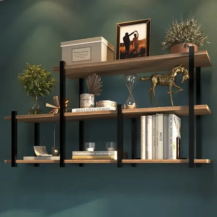 Prateleira Industrial De Parede Em Ferro Preto Com Madeira Laminada Ideal Para Sala, Quarto Ou Escritório Mod: Nicho Triplo Lâmina Com Preto
