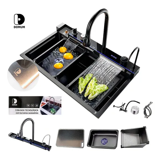 Cuba Gourmet Preto Inox 304 75x46 cm Cozinha Cascata DOMUM
