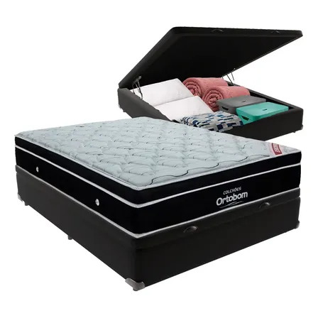 Cama Box Baú Casal Preto + Colchão Elegant Molas Ortobom