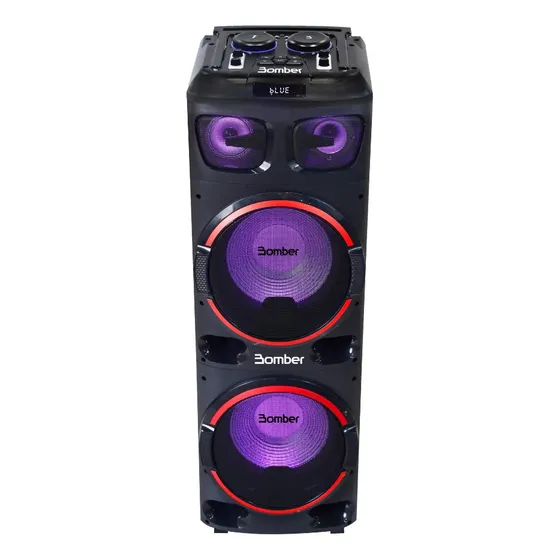 Caixa De Som Bluetooth Amplificada Torre Bomber Paredão 2300 2 Woofers 12” RGB TWS Led 3Vias P2/P10 Bluetooth Preta 2300W