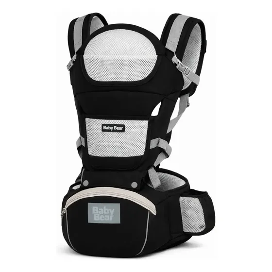 Bolsa Canguru Ergonômico Baby Bear Premium | 12 Posições | 4 Em 1 | Bolsos Frontais E Laterais | Proteção E Segurança | Cor Preto