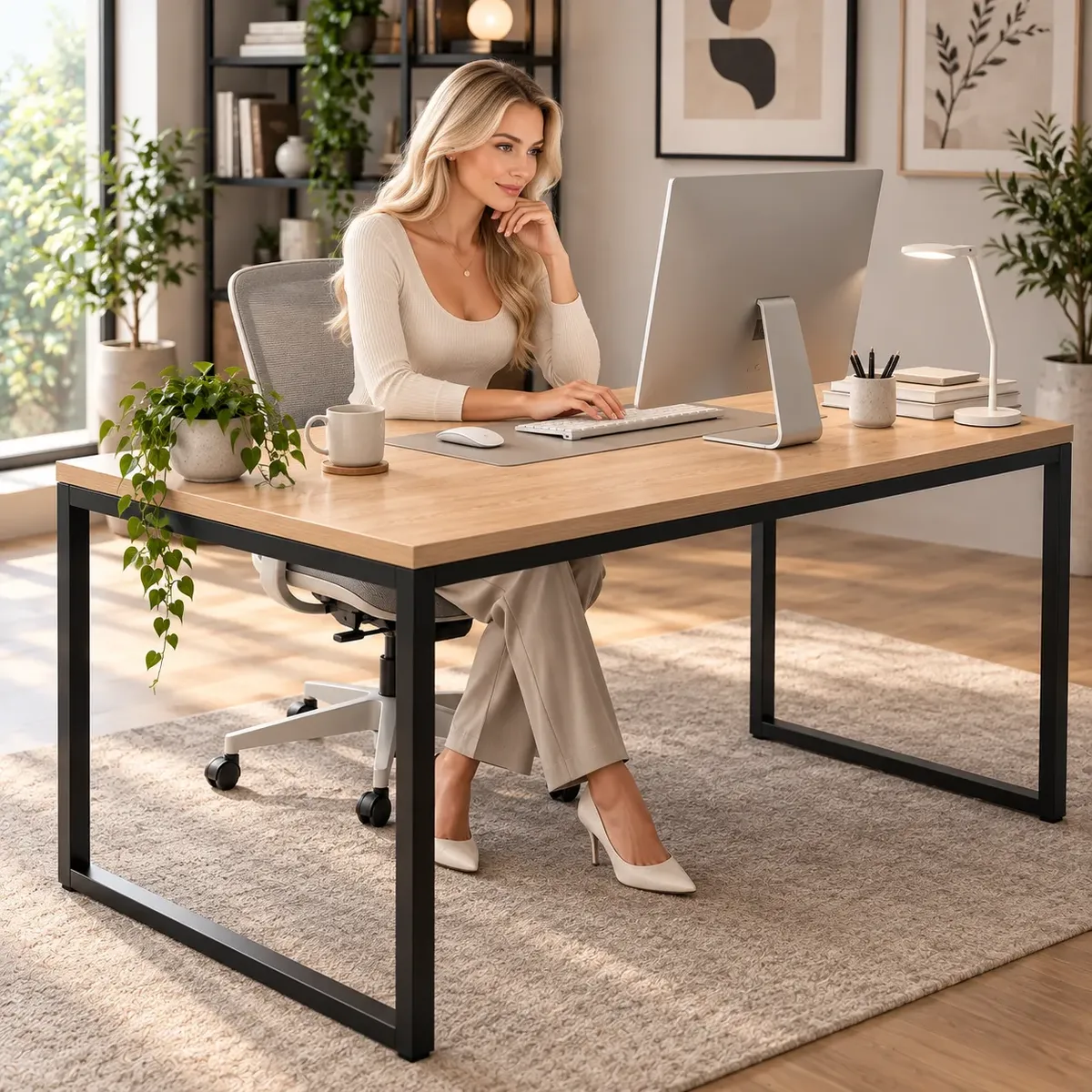 Mesa Escritório Industrial 150x60 Reforçada Pés De Aço Carvalho Claro