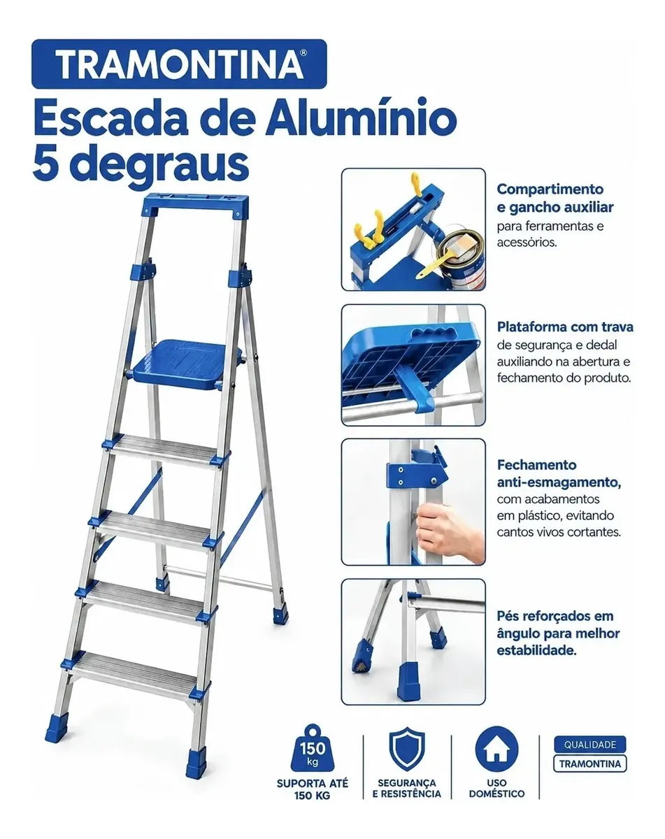Escada De Alumínio Reforçada 5 Degraus Tramontina Prateado