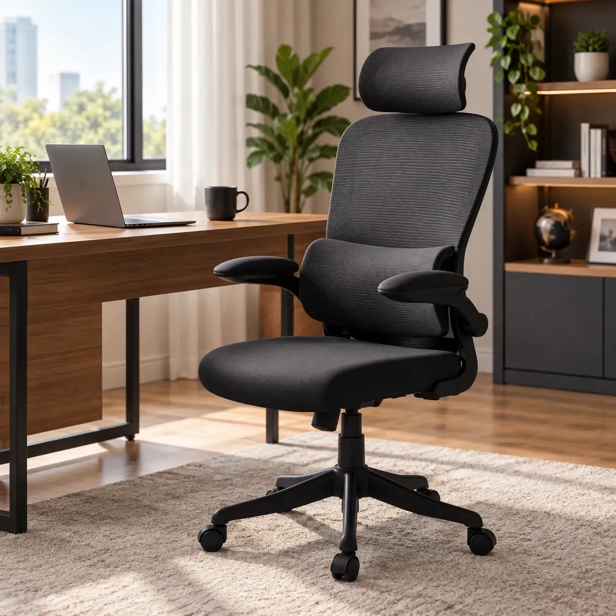 Cadeira De Escritorio Ergonomica Suporte Lombar Mesh Preto Preto Espuma