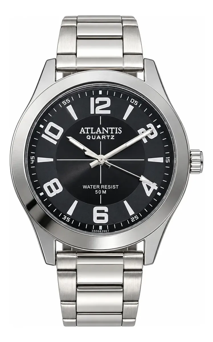 Relógio Atlantis Masculino Aço Inox Preto Esportivo Quartzo Prateado Preto