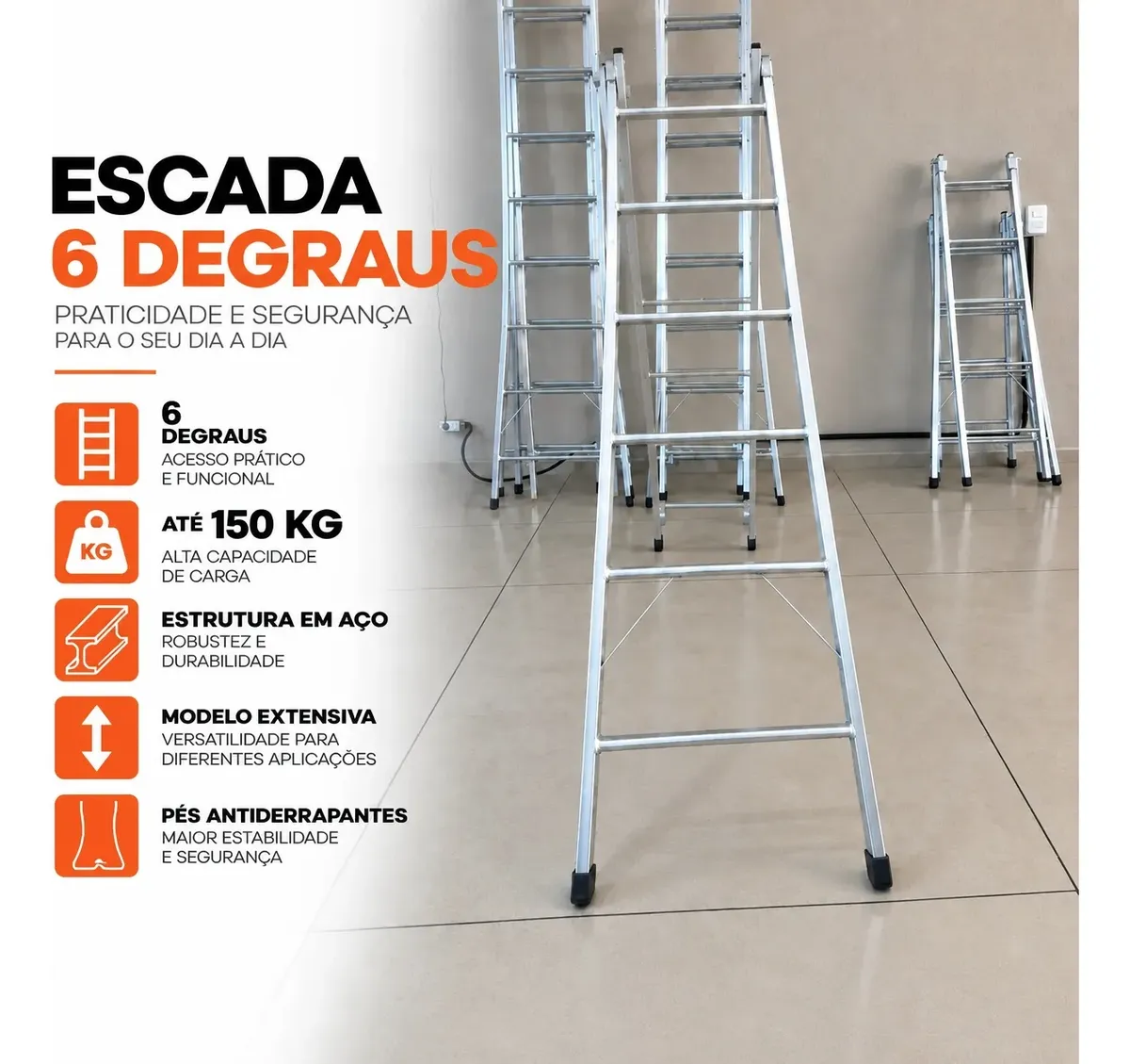 Escada 6 Degraus Extensiva | Ponto Firme Ferragens Prateado