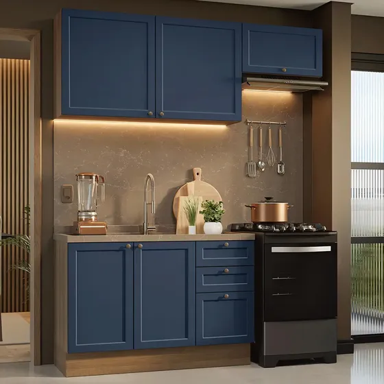 Armário De Cozinha Compacta 180 Cm Vik Madesa 02 Cor Rustic/Azul