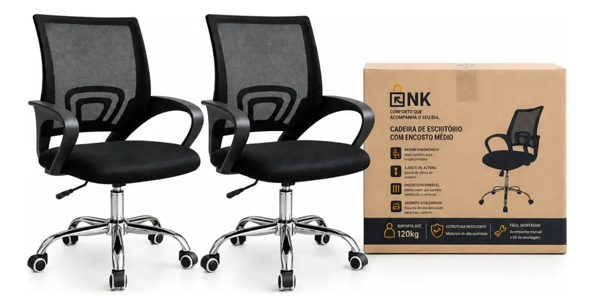 Kit 2 Cadeiras Escritório Nk Ergonômica Tela Mesh 120kg Preto Malha