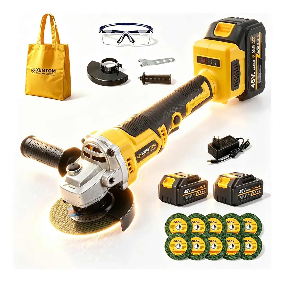 Esmerilhadeira Angular Sem Fio 48v Kit Com 10 Discos 100mm Amarelo 48v 60hz