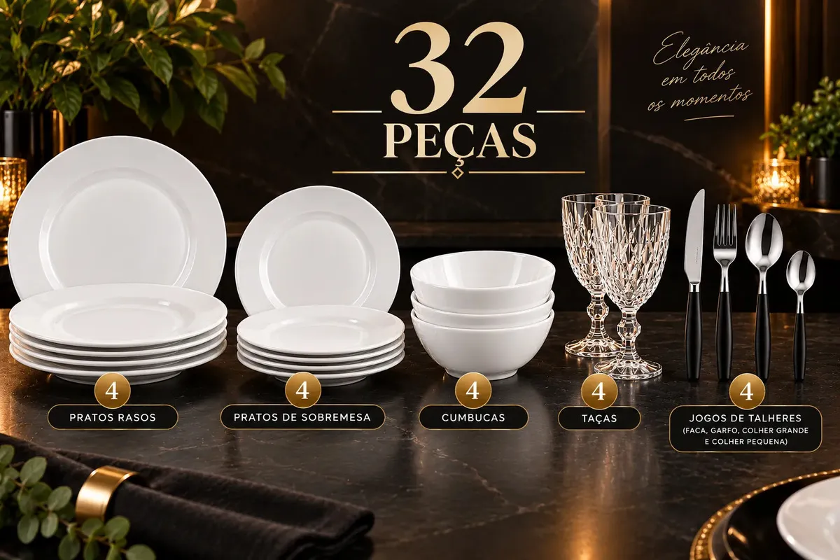 Aparelho De Jantar Premium Branco Kit 32 Peças Taça Diamante Prato Refeição Sobremesa Cumbuca e Talheres