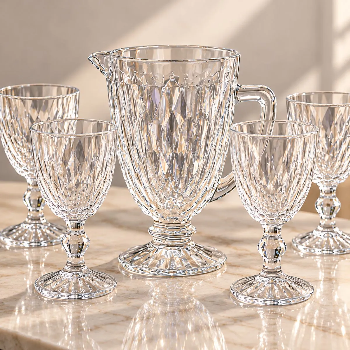 Jogo Taças Jarra Luxo Diamond Incolor 5 Peças Vinho Drinks Transparente