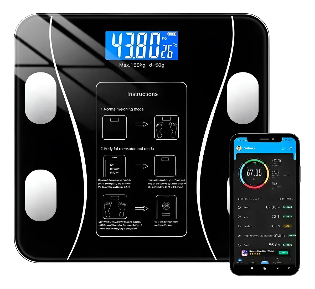 Balança Digital 180kg Vidro Temperado Com Sincronização App