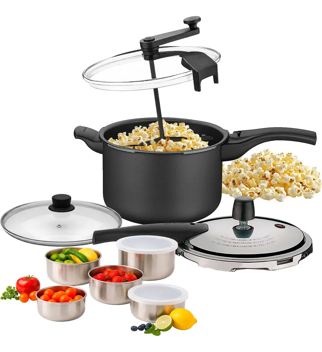Panela Pressão Tramontina 4,5l + 2 Tampas Vidro E Potes Inox Preto