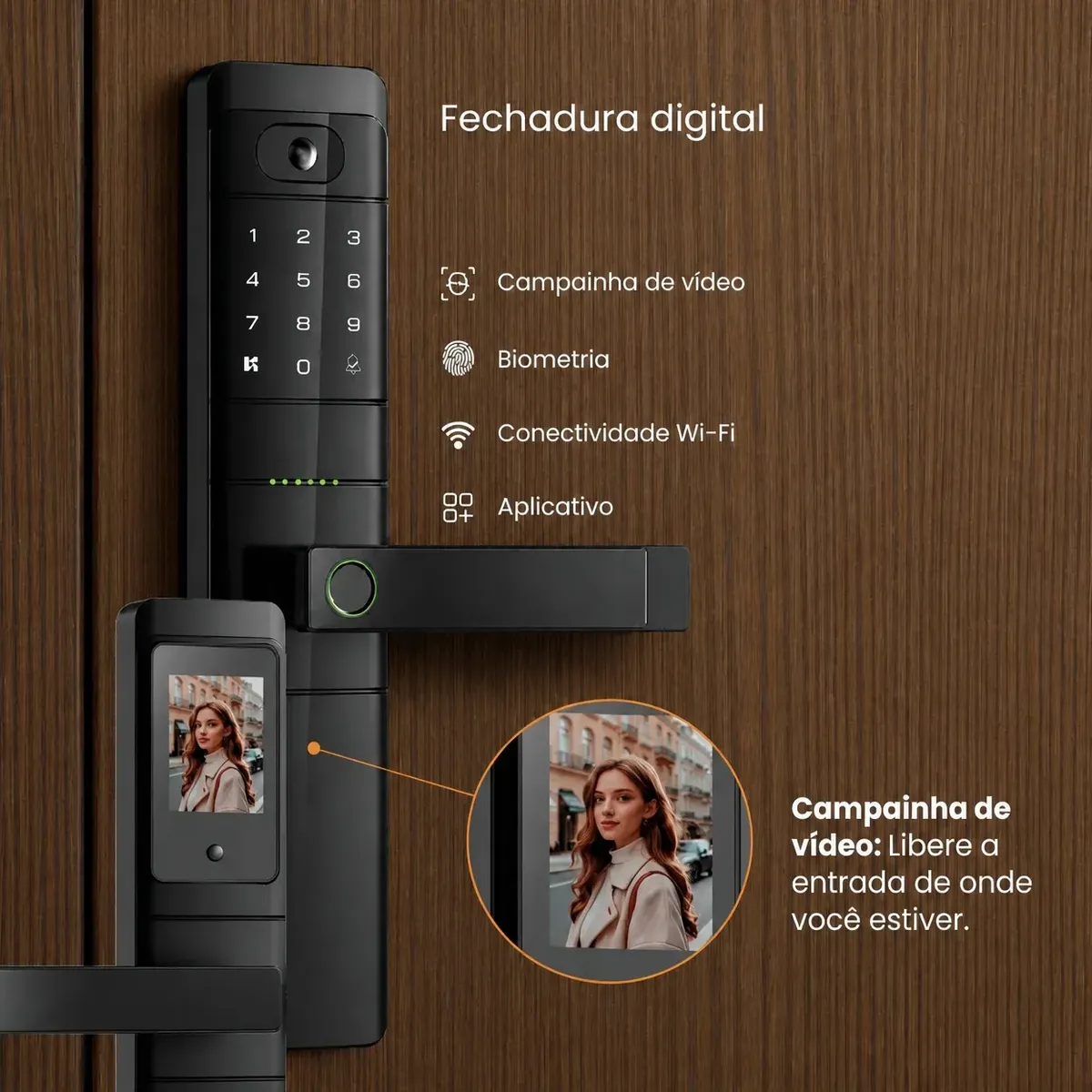 Fechadura Kuanttum Kappa Doorbell Com Câmera Wi-fi App Tuya Preto