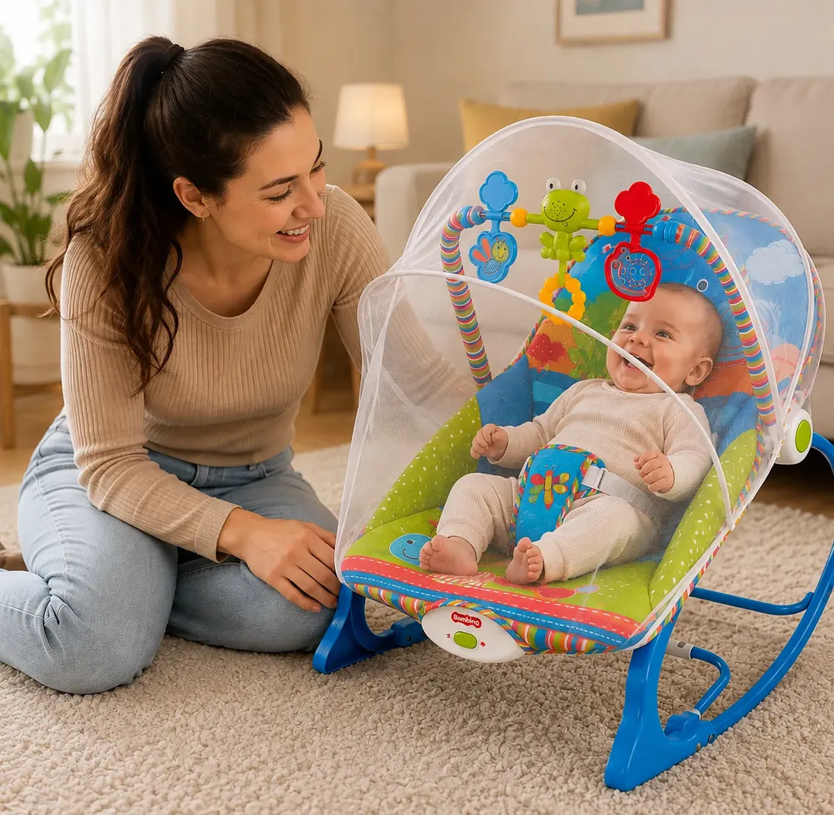 Cadeira de Descanso Musical Bambinelli Rocker para Bebê com Mosquiteiro, até 18kg - Azul