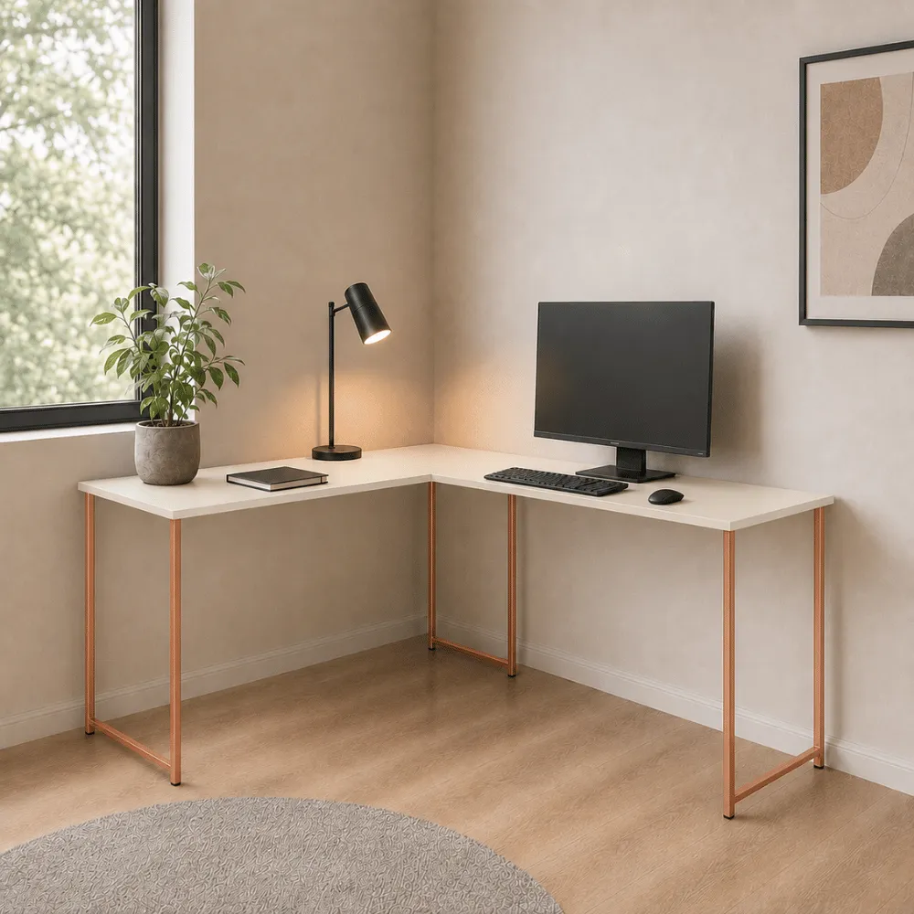 Escrivaninha Em L Estilo Industrial Home Office Klm Store Cobre/off