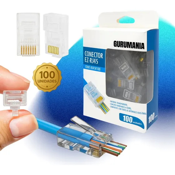 Conector Rj45 Macho Cat5e Cabo Rede Vazado De Passagem Crimpa Facil Kit 100un Gurumania