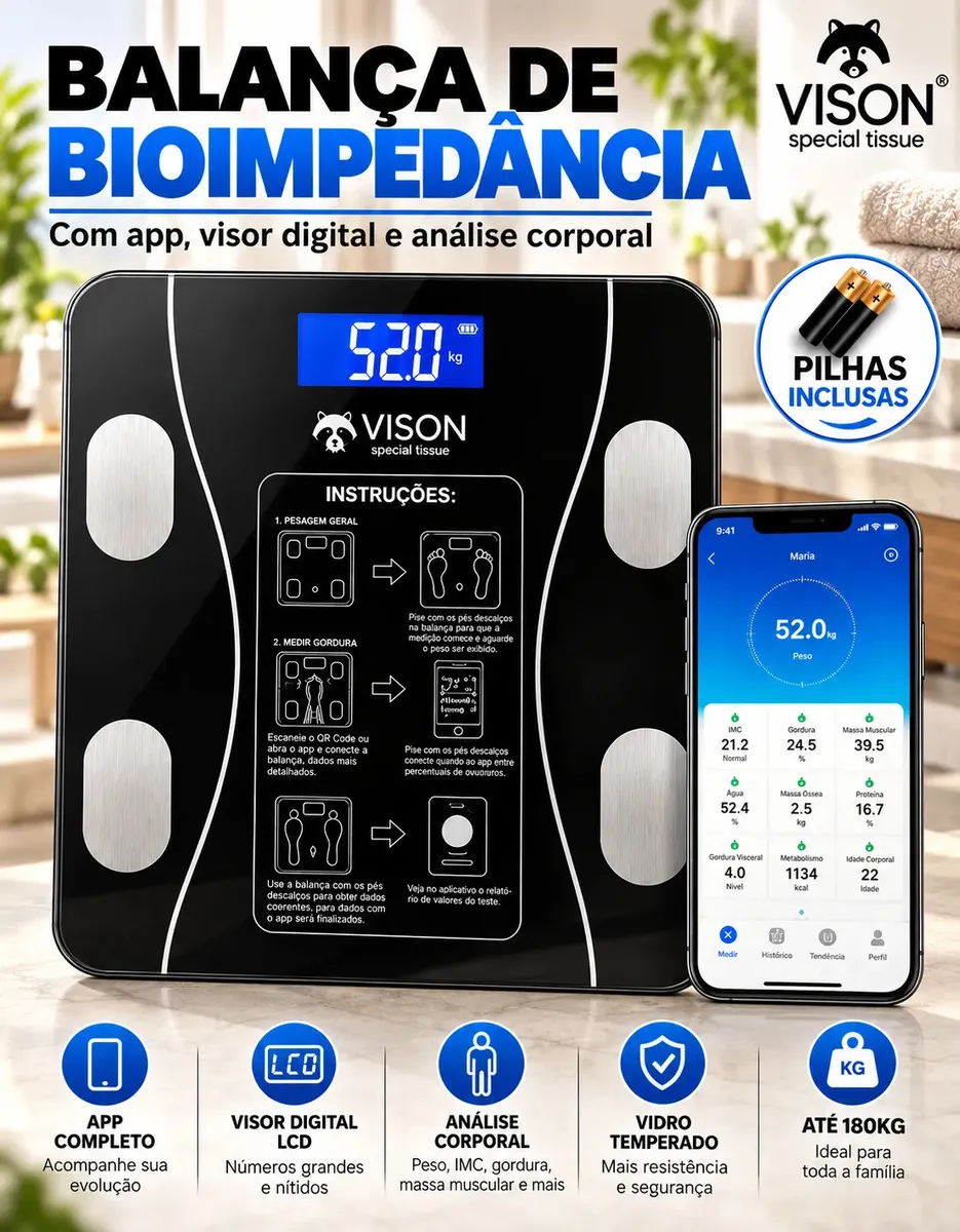 Balança de Bioimpedancia Digital Corporal IMC Smart com Aplicativo App Bluetooth Android IOS Alta Capacidade Peso 180kg Vidro Temperado Banheiro Academia Personal Saúde Fitness Profissional Cor Preto