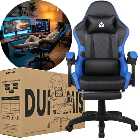 Cadeira De Escritorio Gamer Ergonômica Dunamis Azul Marqs Home Reclinável 180kg Resistente Giratória Confortavel Computador Courino Sintético