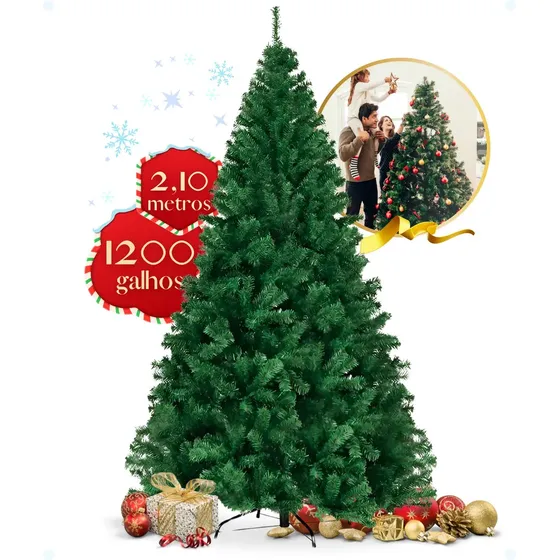 Árvore De Natal 2,10m 1200 Galhos Pinheiro Luxo Grande Verde Cheia Pé De Ferro Galho Grosso 210cm Enfance