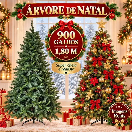 Árvore De Natal Tradicional Pinheiro Luxo 1.80m 900 Galhos Cheios Montagem Rápida Decorativa Natalina Luzes de Natal