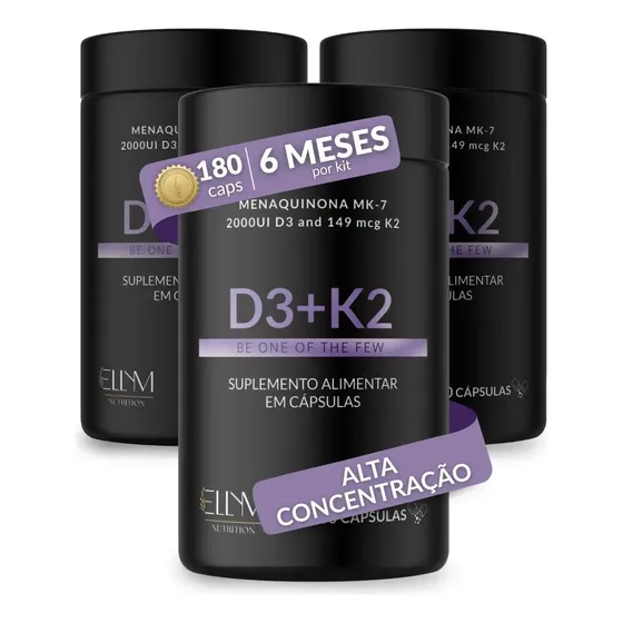Kit 3 Vitamina D3 K2 Mk7 Capsulas 2000ui 149mcg Menaquinona 7 Colecalciferol Alta Concentração Máxima Absorção D K Ellym Nutrition