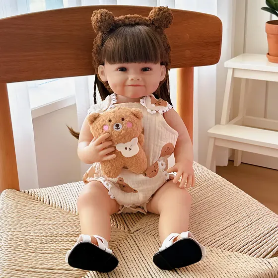 Brastoy Bebê Reborn Boneca Silicone Menina Sorriso Com Urso E Acessórios