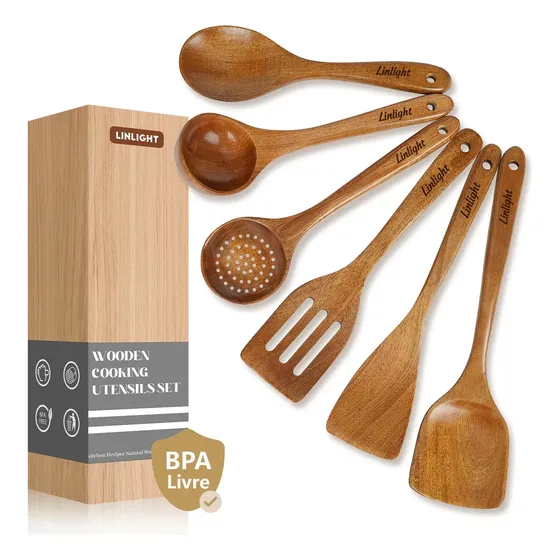 Kit 6 Utensílios Cozinha Escumadeira Madeira Resistentes Ao Calor - Livre de BPA