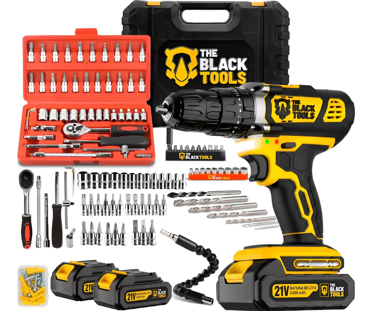 Furadeira De Impacto A Bat 21v 10mm Jogo De Soquetes 46 Pçs Amarelo E Preto 21