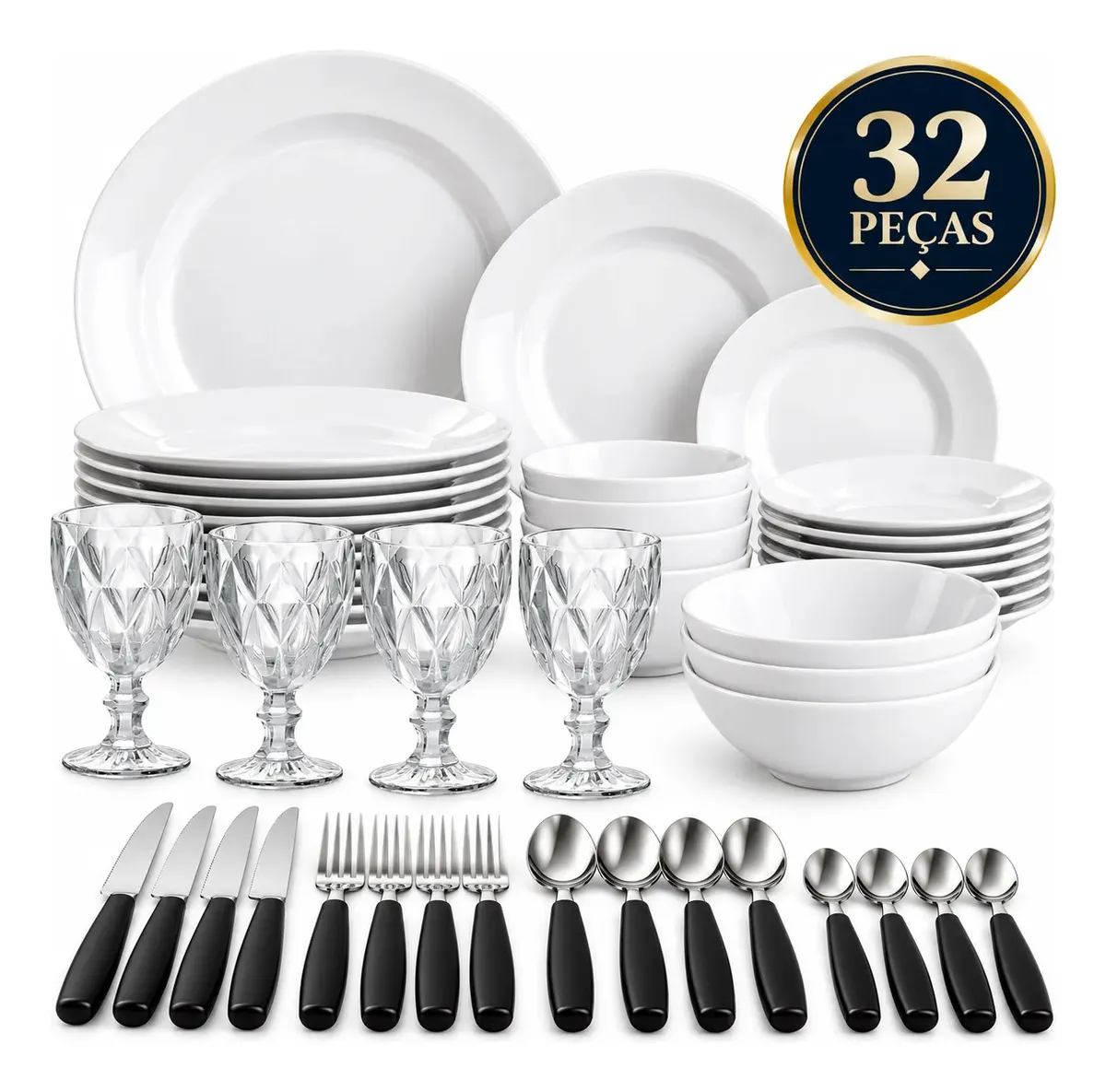 Aparelho De Jantar 32 Peças Branco Com Taças Diamond 320ml E Talheres Inox 4 Pratos Fundos 4 Pratos Rasos Serve 4 Pessoas Sayonara