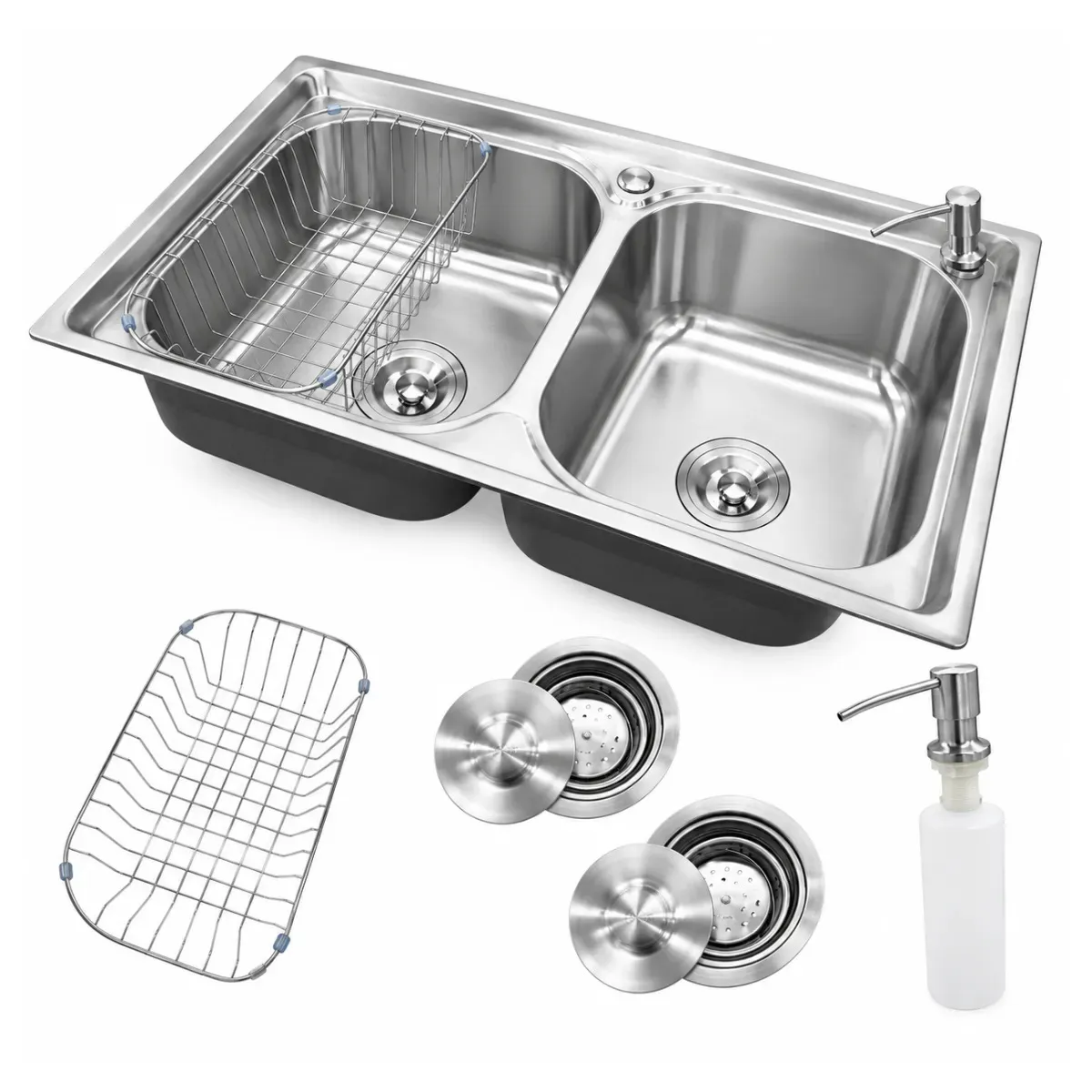 Cuba Pia Dupla Cozinha Aço Inox 304 78x43cm Com Cesto Escorredor Dosador De Detergente 2 Válvulas Anti-ruído Embutir Ou Sobrepor Prateado Kit Completo Para Área Externa Gourmet
