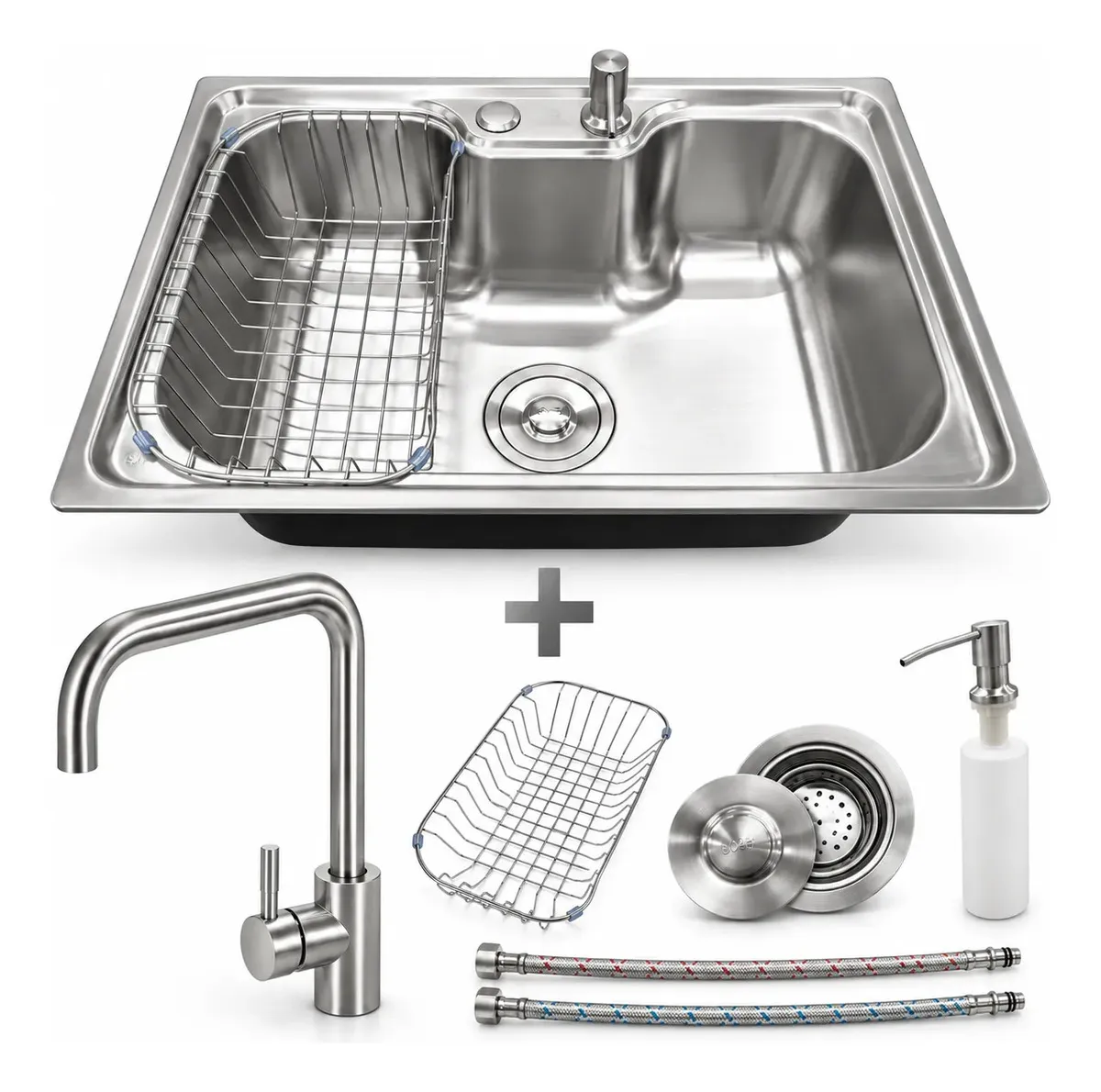 Cuba Gourmet Inox Com Torneira Monocomando Para Cozinha Com Cesto Escorredor e Dispenser de sabão