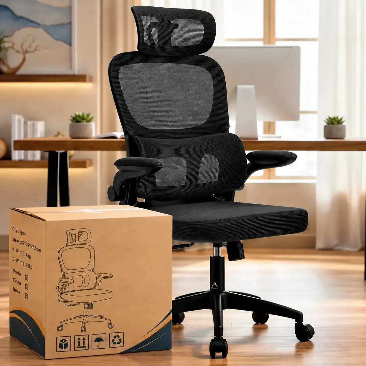 Cadeira De Escritório Ergonômica C600 Com Suporte Lombar Preto Tecido Mesh Malha