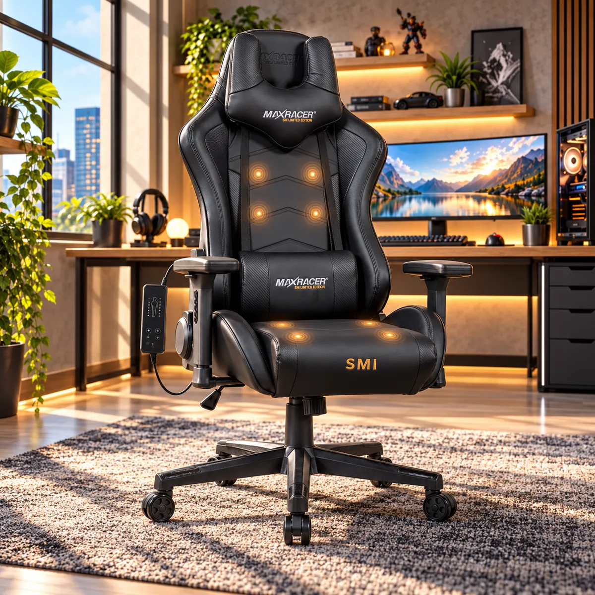 Cadeira Gamer Escritório Reclinável Massagem 8 Pontos 150kg Preto Couro Sintético
