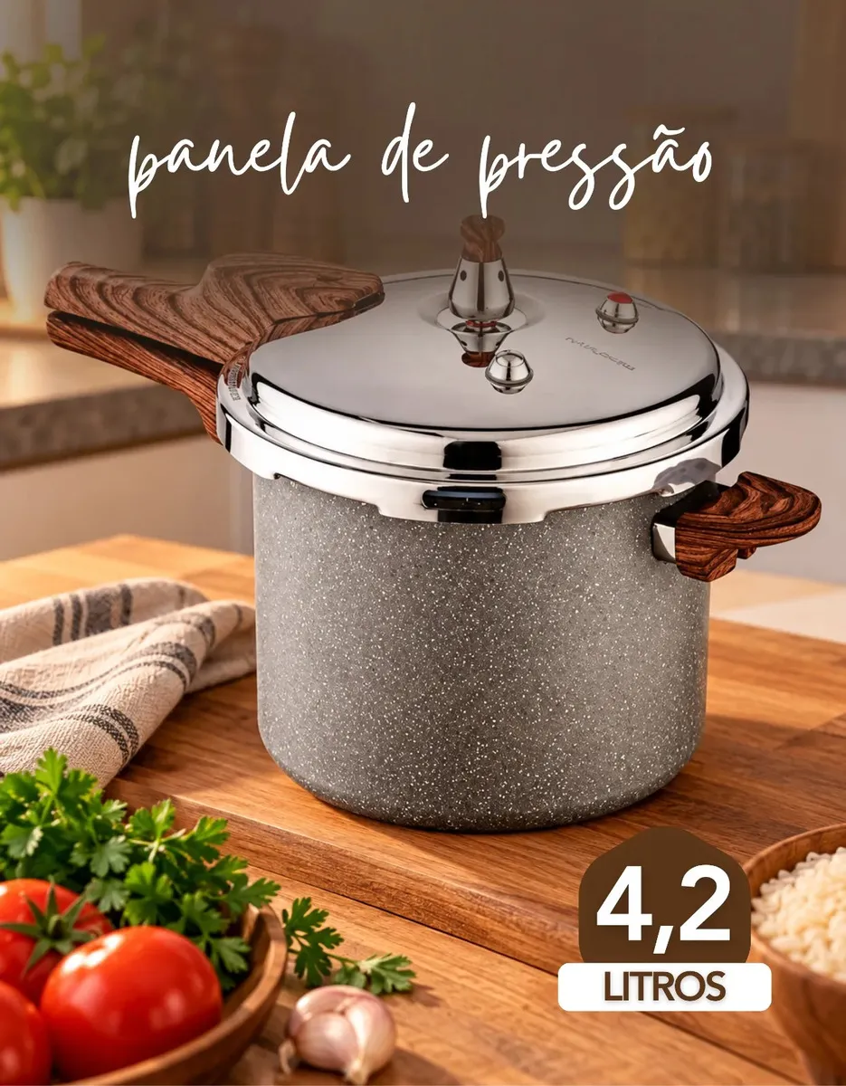 Panela de Pressão 4,2L Cerâmica Antiaderente Indução Fogão Gás Elétrico Cooktop Tampa Inox 3 Válvulas Segurança Base Indução Cabo Amadeirado