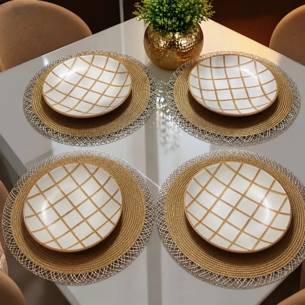 Kit Jantar Mesa Posta 4 Pratos 4sousplat Elegância Luxo Chic Caramelo/off Quadriculada/xadrez Geométrico