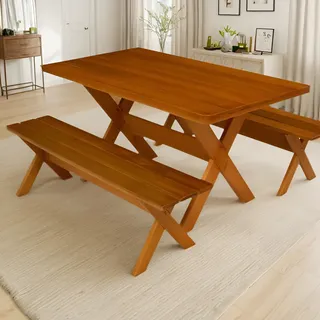Conjunto Mesa Rústica Com Bancos Madeira Churrasco 2,50m Cerejeira Cerejeira