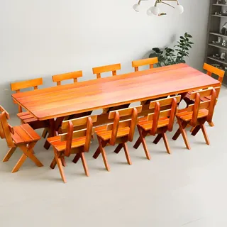 Conjunto Mesa 2,5m E 10 Cadeiras Madeira Maciça Eucalipto Tampa Cerejeira Pés Cerejeira