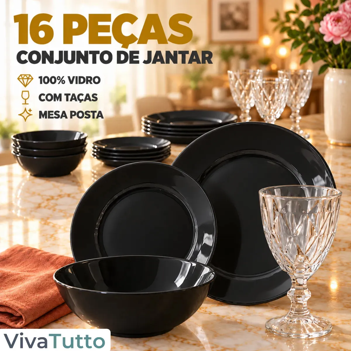 Aparelho de Jantar Preto 16 Peças Para 4 pessoas Completo Com Taça Diamond 320ml Resistente Elegante Mesa Posta Jogo de Prato Raso Sobremesa Tigela Bowl Taça de Vidro VIVATUTTO