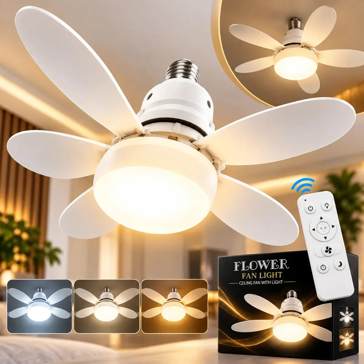 Ventilador de Teto com Lâmpada LED 3 Cores Controle Remoto 6 Pás 60W Luz Quente Neutra e Fria - +uMais.u