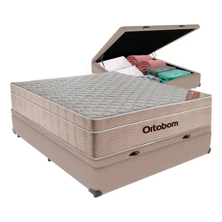 Cama Box Baú Viúva 128x188 cm Bege Ortobom Colchão Molas Ensacadas