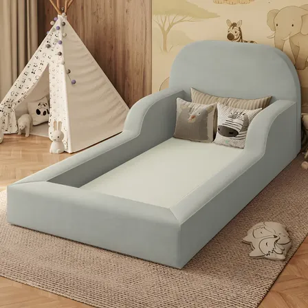 Cama Colchão Montessoriana Infantil Proteção Lateral Balaqui Cor Cinza Claro