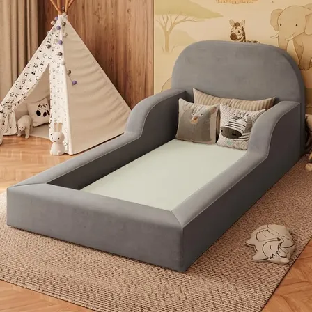 Cama Colchão Montessoriana Infantil Proteção Lateral Balaqui Cor Cinza/grafite
