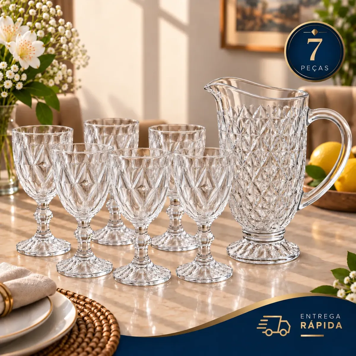 Kit 6 Taças Diamond 375ml + 1 Jarra Diamante 1,2l Vidro Água Transparente