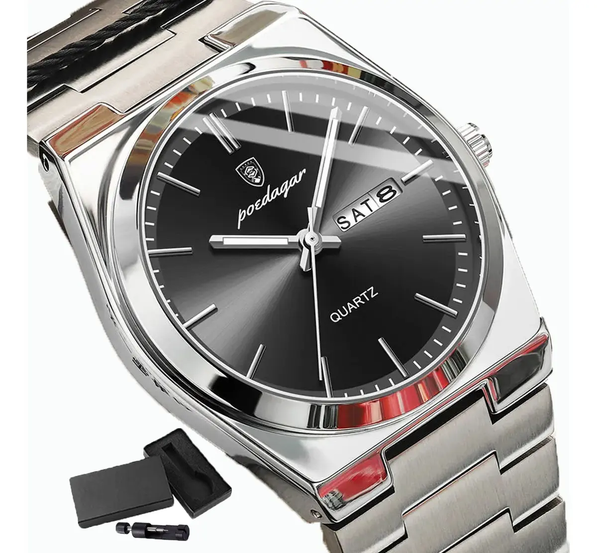 Relogio Masculino Poedagar 930 Luxo Quartzo Inox Com Data Prateado Preto